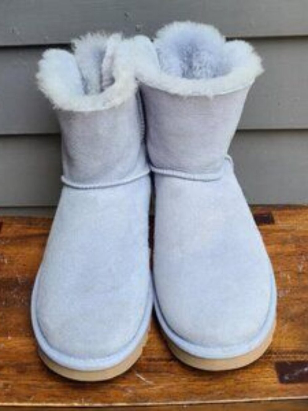 UGG Mini Bailey Bow Light Blue Suede Shearling Boots size 9